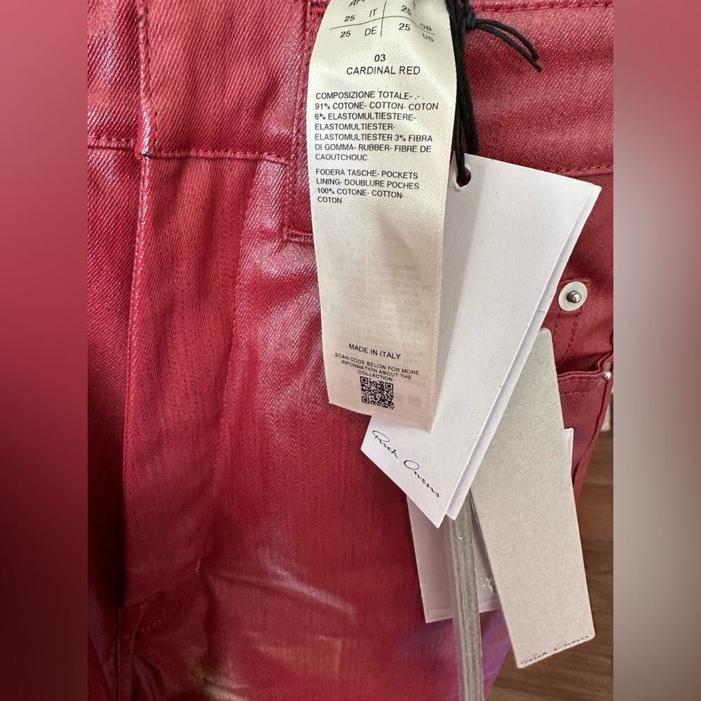 NWT Rick Owens Bolan High-rise coated Denim Jeans Cardinal Red Size 25 Burgundy - Picture 9 of 11